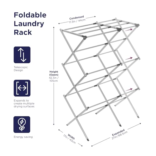 BLACK+DECKER 3 Tier Expandable Collapsing Foldable Laundry Rack for Air Drying Clothing, Space Saving Heavy Duty Lightweight Metal Drying Rack, Grey - Image 2