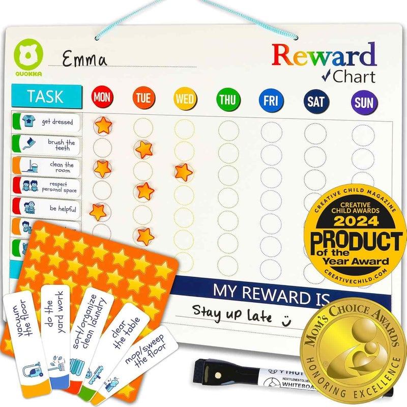 QUOKKA Magnetic Behavior Chore Chart for Kids at Home - Gift Reward Visual Schedule Chart - Dry and Erase Routine and Responsibility - Use 48 Magnets & 49 Stars - from Toddlers to Teens - Image 1