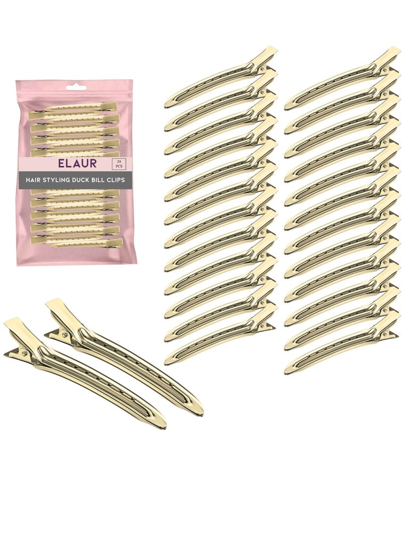 إيلور مجموعة مشابك شعر على شكل منقار البط (24 قطعة) – مشابك تمساح معدنية مقاومة للصدأ بطول 3.5 بوصة مع فتحات لتصفيف وتقسيم الشعر – للاستخدام في الصالون والمنزل (ذهبي) - Image 1
