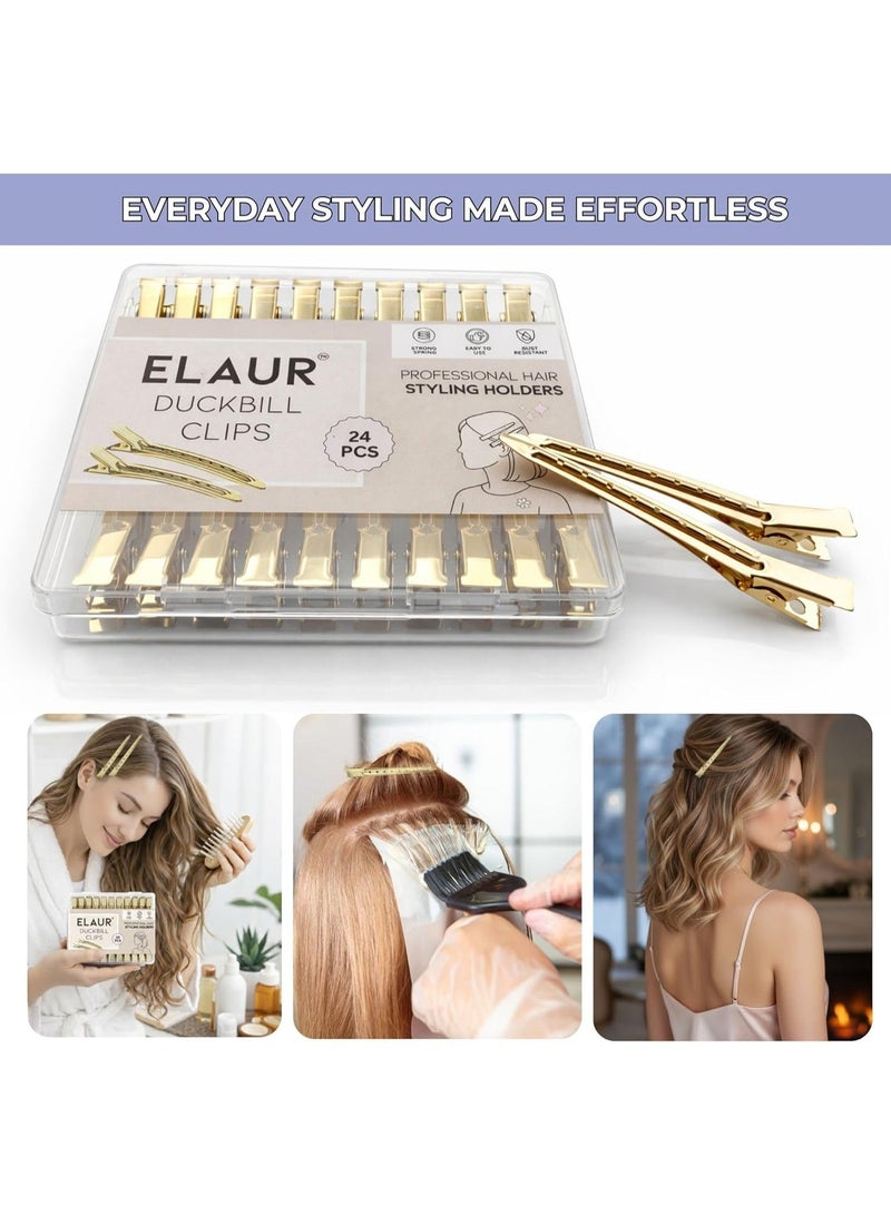 ELAUR 24-Pack Duck Bill Hair Clips – 3.5" Rustproof Metal Alligator Clips with Holes for Hair Styling & Sectioning – Salon & Home Use (Gold) - Image 3