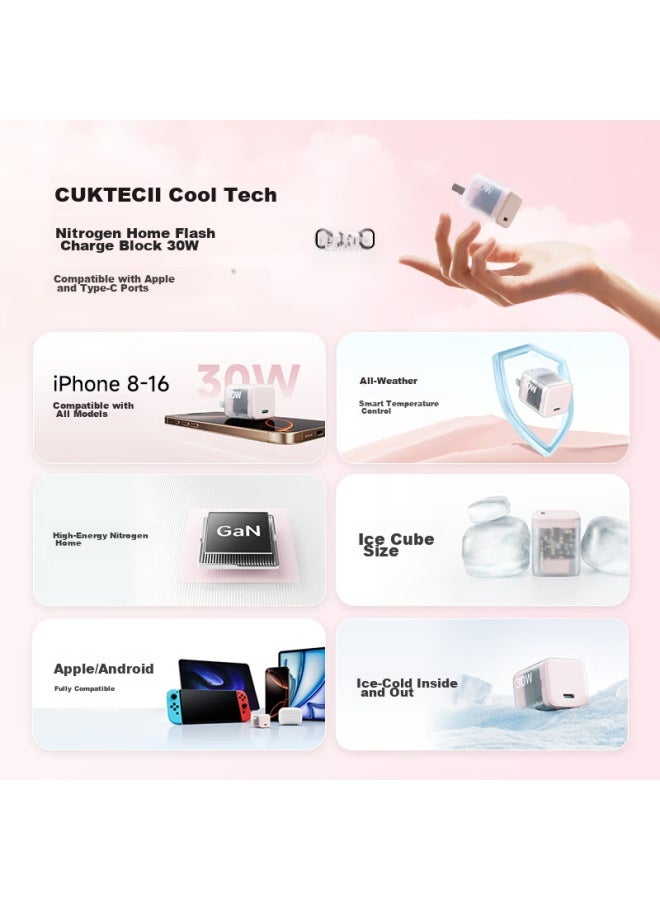 Cuktech Kuotai Ke Apple Charger, 30w Gallium Nitride, Compatible With 20w Fast Charging, Suitable For Iphone 15/16 Pro Max/14/13/12, Ipad, Air, Pro, Pink Transparent - Image 1