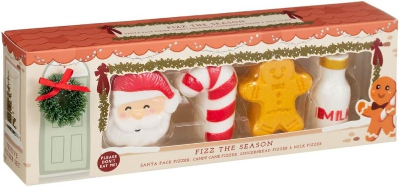 New Fizz The Season Christmas Bath Fizzer Gift Set 4pc Festive Holiday Bath Bombs with Santa Candy Cane Gingerbread Milk Designs A39 Fizz The Season Bath Fizzer
