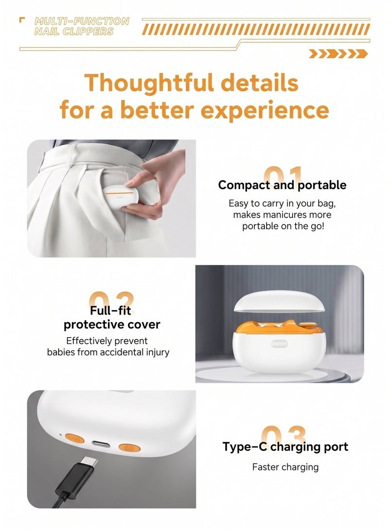 BASILKIT Electric Nail Clipper for Kids & Adults, M3 Classic White, 4-in-1 Automatic Nail Trimmer & Polisher with LED Light, USB Rechargeable, Safe Nail Cutter for Baby Care & Family Grooming - Image 2