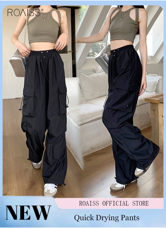 roaiss - Women's Casual Quick Drying Overalls Multi Pocket High Waist Loose Wide Leg Pants - Image 1