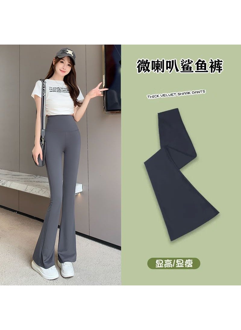 Generic Shark Skin Micro Bell Bottom Pants Womens Outerwear Spring Summer High Waist Black Slimming Abdomen In Motion Leggings Gray [micro horn shark pants]] 