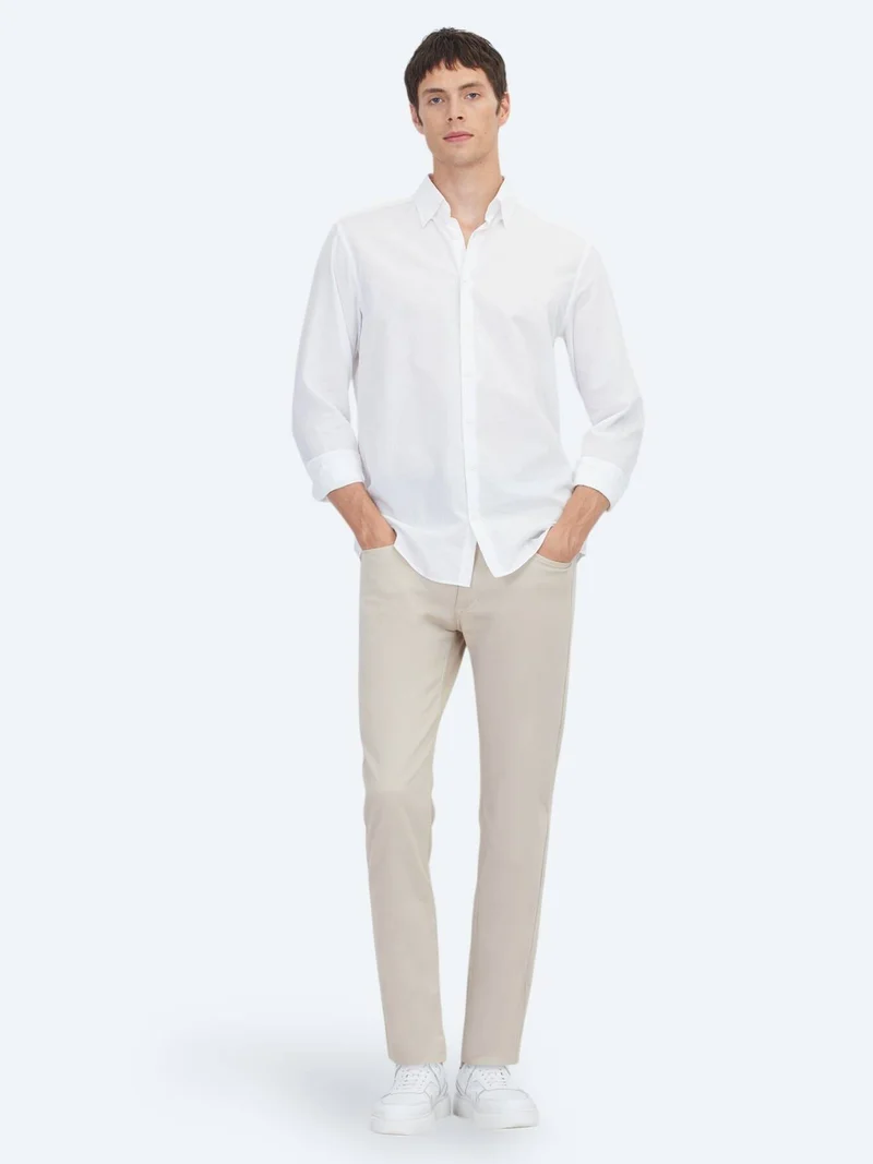 Kip White Plain Regular Fit Long Weaving Casual 100% Cotton Shirt