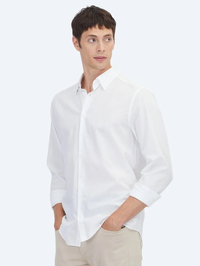 Kip White Plain Regular Fit Long Weaving Casual 100% Cotton Shirt