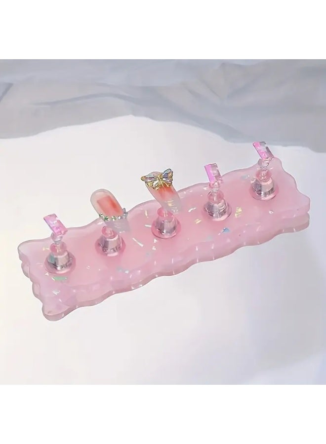 Ucanbe Iridescent Nail Practice Stand with 5 Crystal Holders – Pink Aurora Acrylic Base, Reusable Nail Tip Display for Training & Nail Art Showcases - Image 5