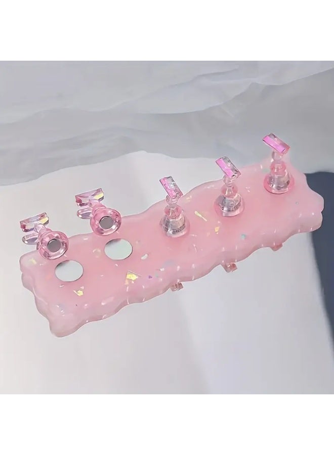 Ucanbe Iridescent Nail Practice Stand with 5 Crystal Holders – Pink Aurora Acrylic Base, Reusable Nail Tip Display for Training & Nail Art Showcases - Image 3