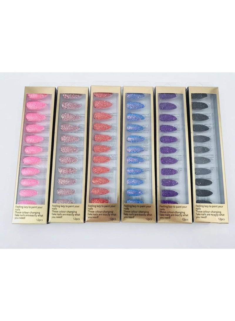 Glitter-finish artificial nail set (6 packs) with double-sided adhesive - Image 1