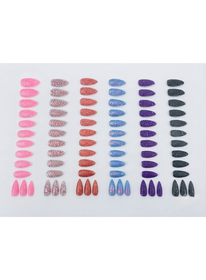 Glitter-finish artificial nail set (6 packs) with double-sided adhesive - Image 2