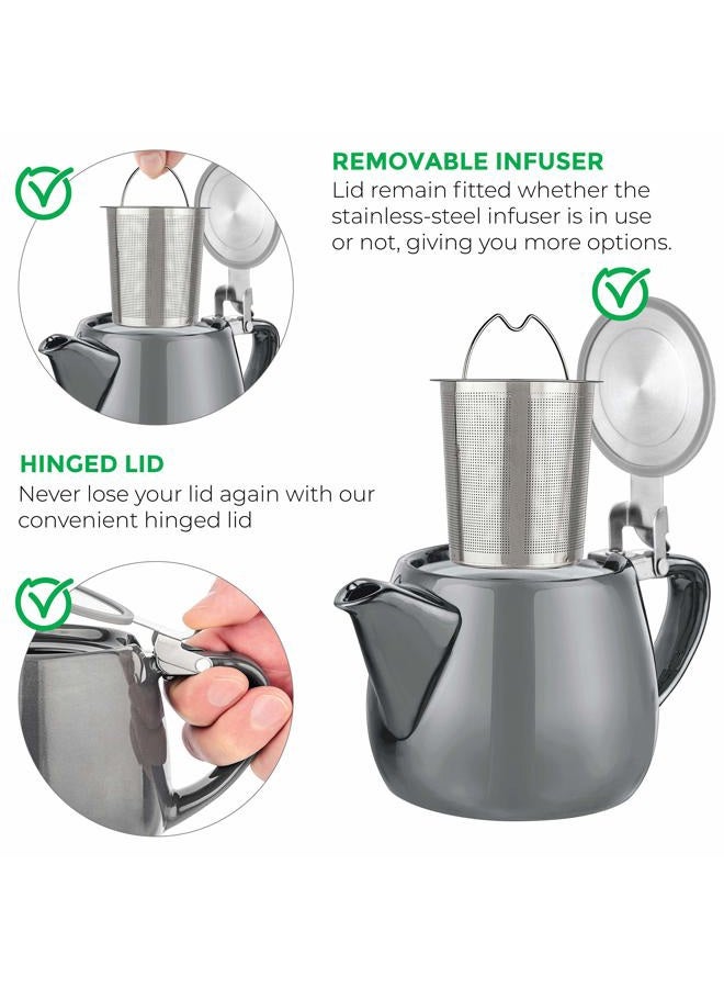 Tealyra Pluto Porcelain Small Teapot Grey - 18.2-ounce (1-2 cups) - Unique Finish - Stainless Steel Lid and Extra-Fine Infuser To Brew Loose Leaf Tea - 540ml - Image 3