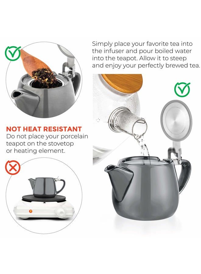Tealyra Pluto Porcelain Small Teapot Grey - 18.2-ounce (1-2 cups) - Unique Finish - Stainless Steel Lid and Extra-Fine Infuser To Brew Loose Leaf Tea - 540ml - Image 4