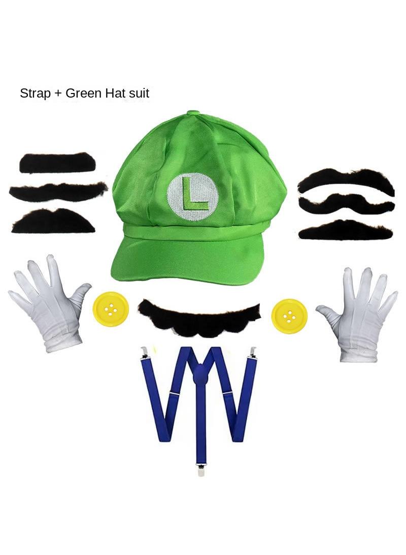 Super Mario Brother Cosplay Luigi Anime Game Beard Costume Set+2 Buttons+A hat+A strap - Image 1