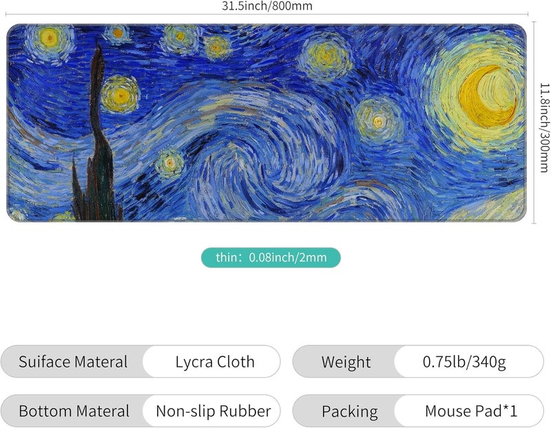 Dynippy Thin Extended Gaming Mouse Pad （31.5 * 11.8 * 0.08 inch） with Stitched Edges Large Mousepad Long XXL Keyboard and Mouse pad Desk Mat for Gaming Office & Home - The Starry Night - Image 2