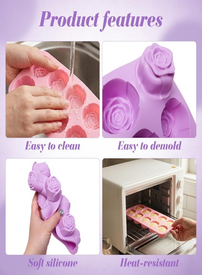 Fumwase 2 Pcs Rose Fondant Silicone Mold Reusable Flower Shaped Chocolate Mold for Baking Cake Candy Decoration Making Ice Soaps (2, Pink, Purple) - Image 3