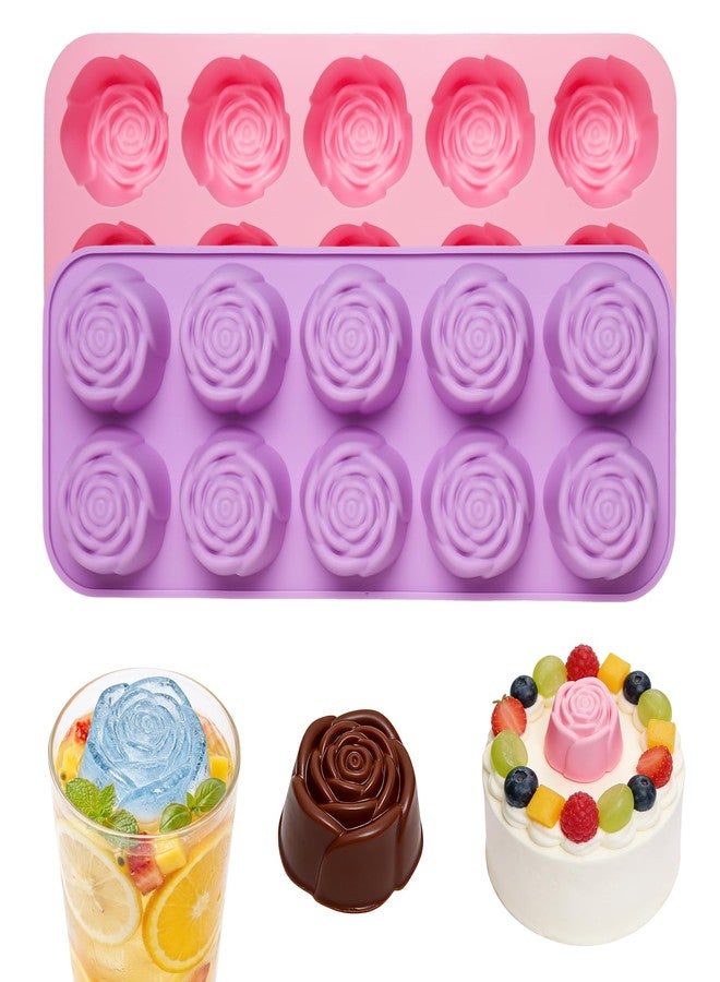 Fumwase 2 Pcs Rose Fondant Silicone Mold Reusable Flower Shaped Chocolate Mold for Baking Cake Candy Decoration Making Ice Soaps (2, Pink, Purple) - Image 1