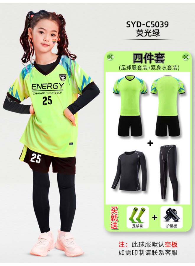 Men's & Children's Football Jersey Set - Short Sleeve Competition Training Team Sportswear, Fluorescent Green (Set of 4), DIY Printable
