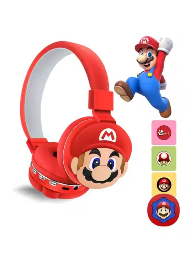 ماريو سماعات رأس لاسلكية بنمط ماريو الأحمر للأطفال ، سماعات قابلة للطي للحد من ضوضاء الأطفال ، مناسبة لسماعات الاستريو للأطفال لبطاقات TF والهواتف المحمولة والأجهزة اللوحية - Image 1