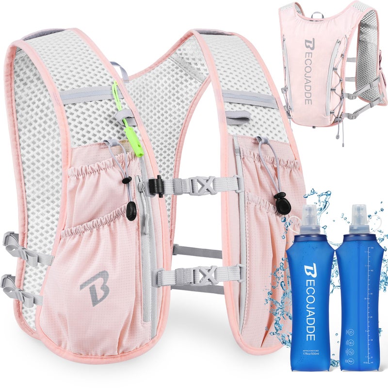 BECOJADDE Running Vest Hydration Backpack with Two 500ML Soft Water Bottles for Men Women, 5L Lightweight Running Pack Hydration for Marathon, Trail, Cycling, Hiking, Jogging Pink - Image 1