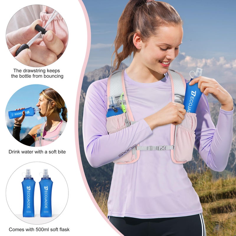 BECOJADDE Running Vest Hydration Backpack with Two 500ML Soft Water Bottles for Men Women, 5L Lightweight Running Pack Hydration for Marathon, Trail, Cycling, Hiking, Jogging Pink - Image 5