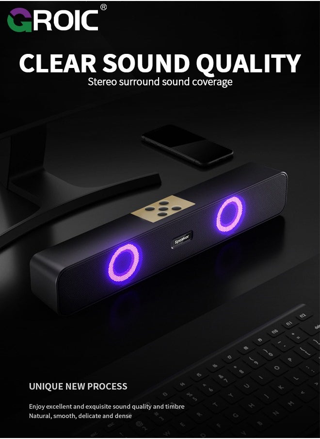 GROIC - Computer Speakers Desktop Soundbar HiFi Stereo Audio RGB Mini Sound Bar External Speaker with Bluetooth AUX-in Wired USB Powered Volume Control for PC Laptop Tablets Monitor - Image 1