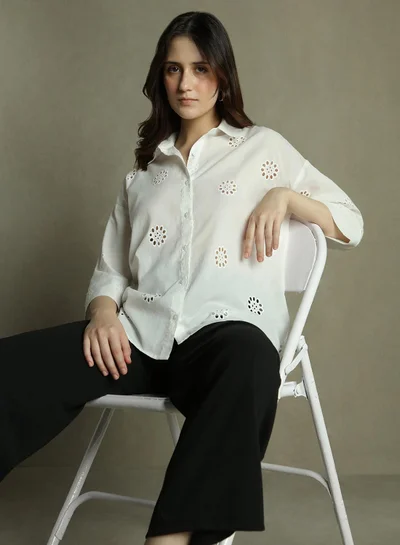 Dennis Lingo Women's White 100% Cotton Embellished Relaxed Fit Shirt