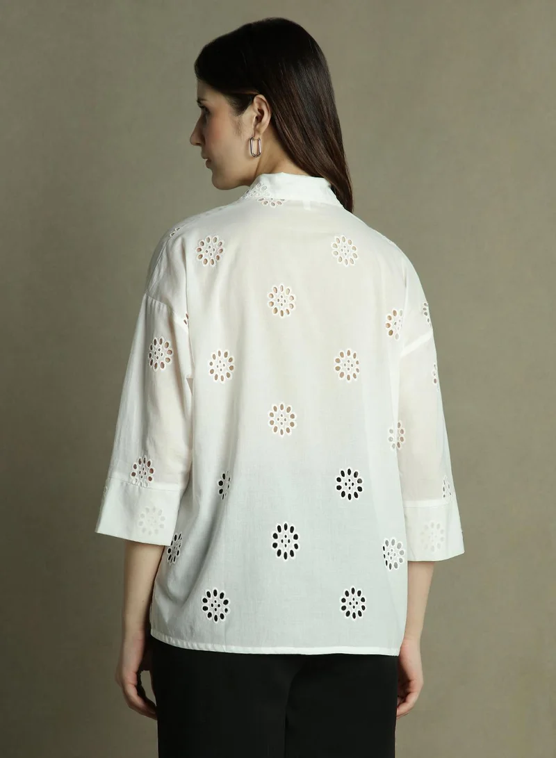 Dennis Lingo Women's White 100% Cotton Embellished Relaxed Fit Shirt