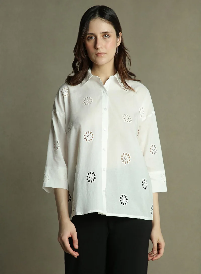 Dennis Lingo Women's White 100% Cotton Embellished Relaxed Fit Shirt