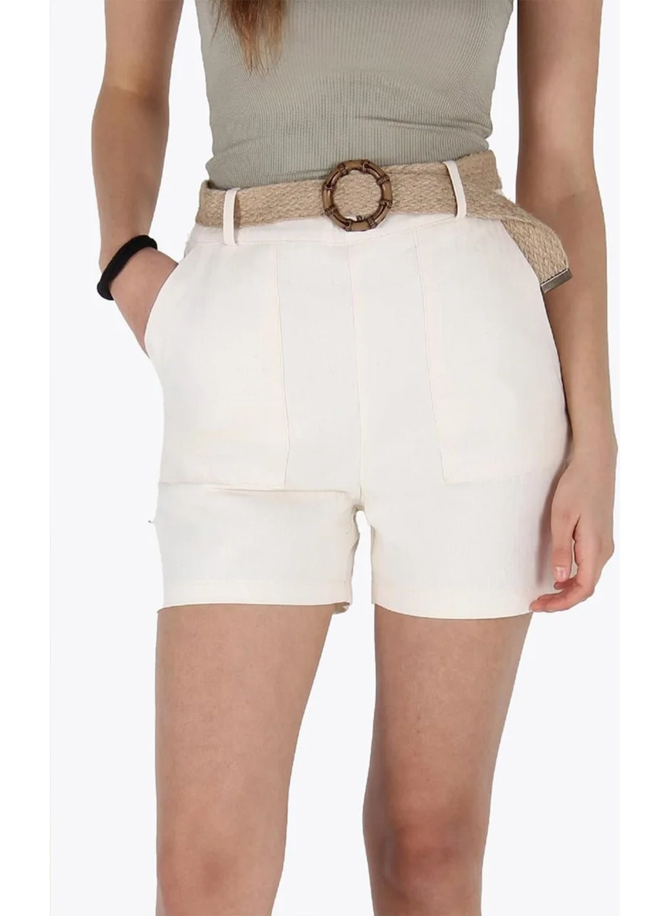 Tena Women's Natural Waist Belted Herringbone Gabardine Fabric Shorts