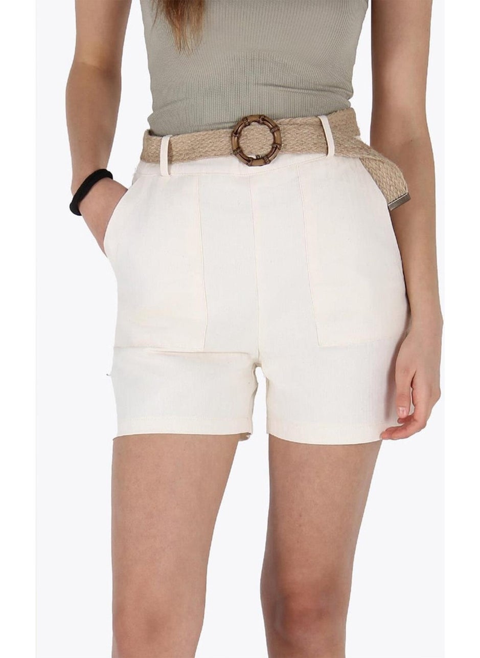 Tena Women's Natural Waist Belted Herringbone Gabardine Fabric Shorts  - Image 2
