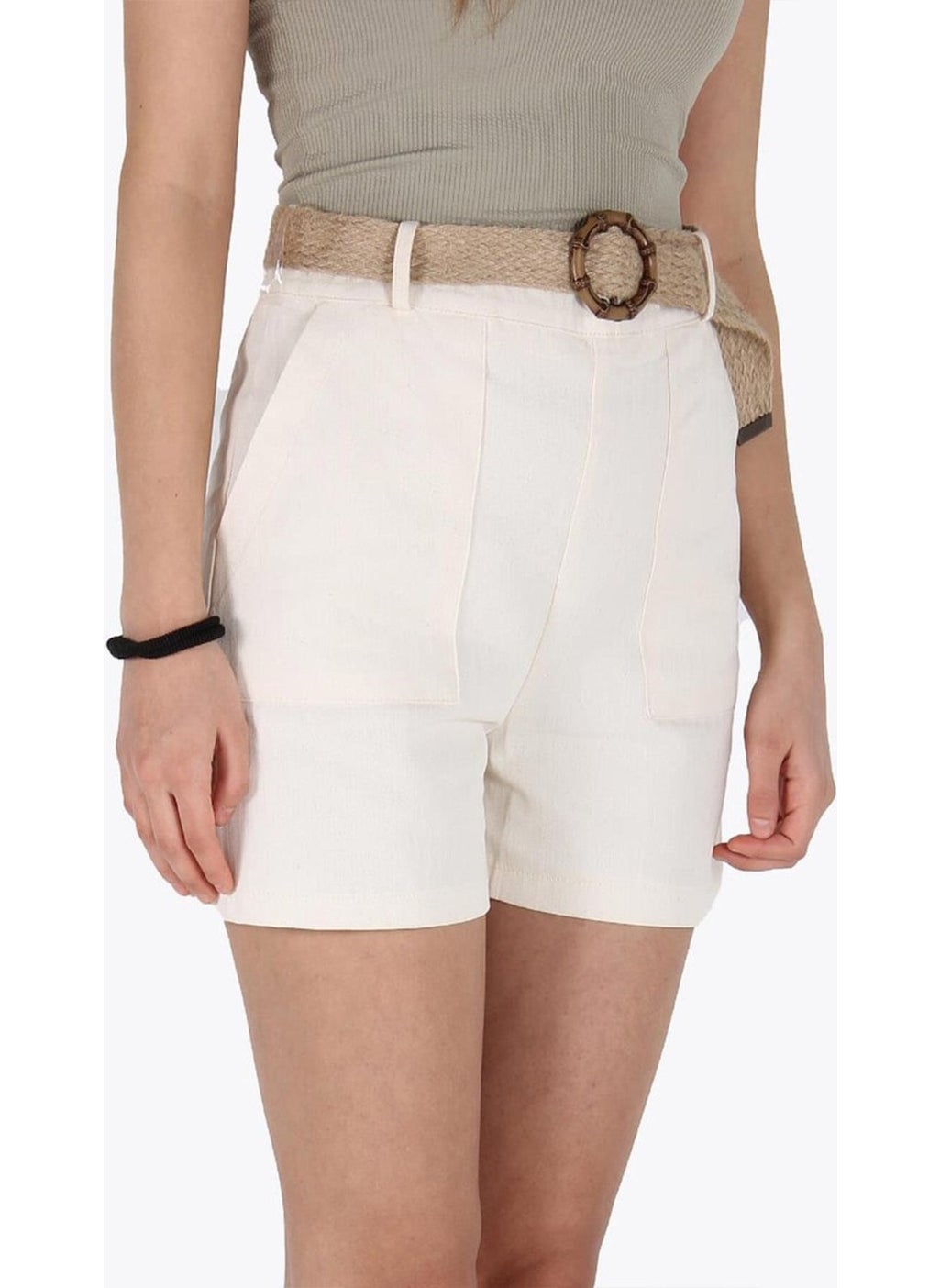 Tena Women's Natural Waist Belted Herringbone Gabardine Fabric Shorts  - Image 5
