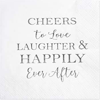 Crisky 50 Count Bridal Shower Napkins Disposable Cocktail Napkins 3Ply Silver Foil Text Beverage Desert Cake Napkins for Engagement Party Decorations Wedding Shower Rehearsal Dinners Napkins