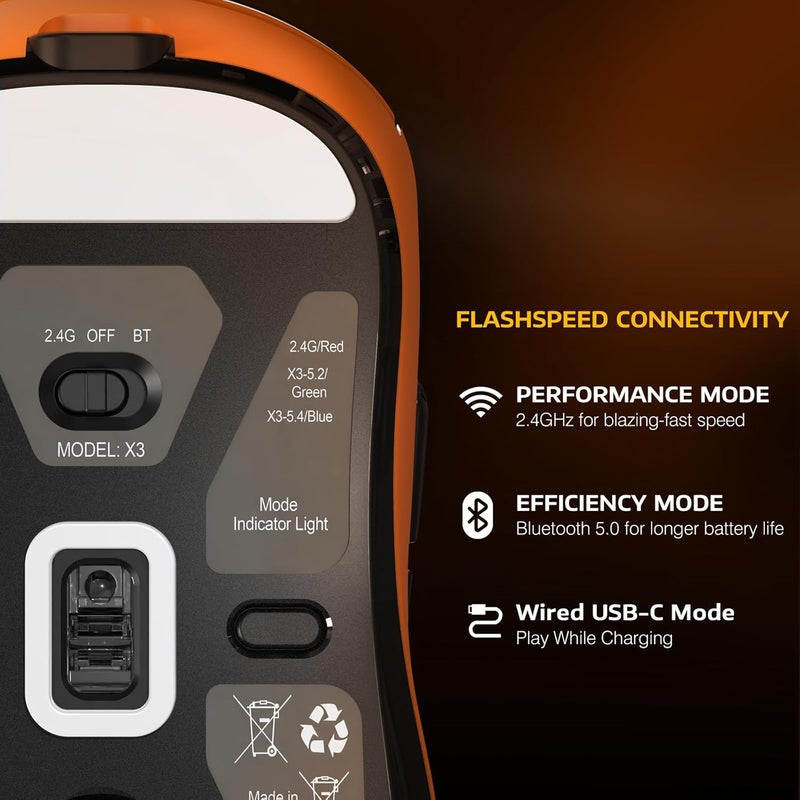 MANBASNAKE Attack Shark X3 Wireless Gaming Mouse, 49g Triple Mode Ergonomic Computer Mouse, PAW3395 26K DPI Sensor, 200h Battery Life, Griptape, Programmable Buttons for PC/Laptop/Mac (Orange) - Image 5