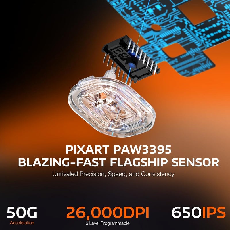 MANBASNAKE Attack Shark X3 Wireless Gaming Mouse, 49g Triple Mode Ergonomic Computer Mouse, PAW3395 26K DPI Sensor, 200h Battery Life, Griptape, Programmable Buttons for PC/Laptop/Mac (Orange) - Image 4