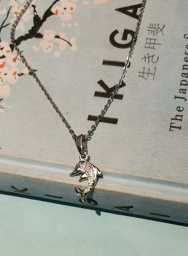 LA BELLEZA Rhinestone studded Dolphin Pendant with Chain Necklace Neckpiece for Girls and Women (Rhodium) - Image 4