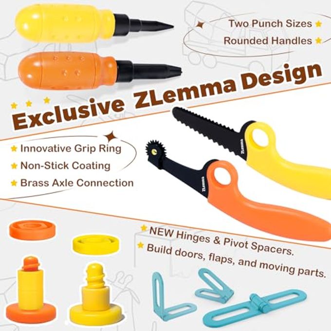 ZLemma Cardboard Construction Kit 401 PCS Kids Building Set with Safe Serrated Cutter, Crease Roller, Screws & Nuts, STEM Upcycled Tool for DIY Cardboard Projects, Engineering & Creativity - Image 3