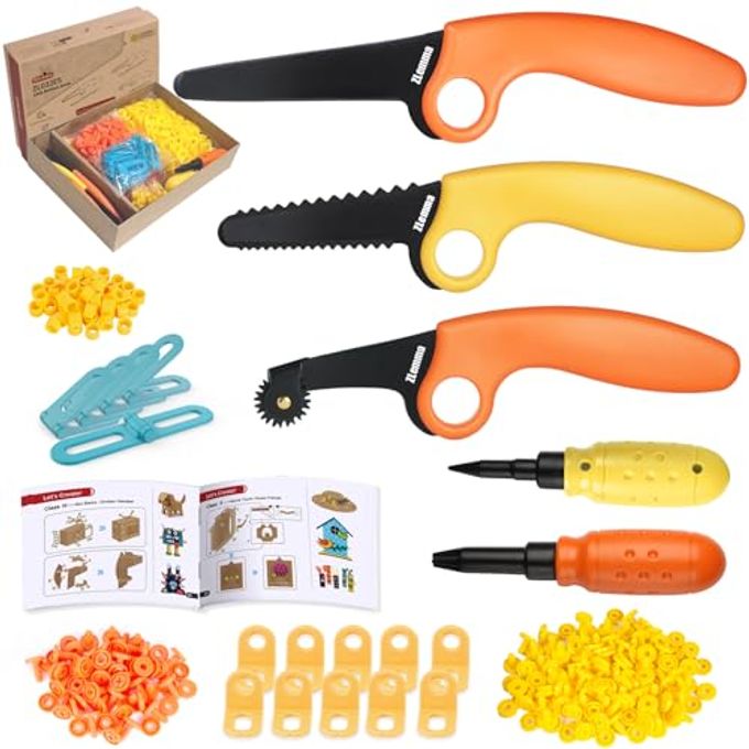 ZLemma Cardboard Construction Kit 401 PCS Kids Building Set with Safe Serrated Cutter, Crease Roller, Screws & Nuts, STEM Upcycled Tool for DIY Cardboard Projects, Engineering & Creativity - Image 1