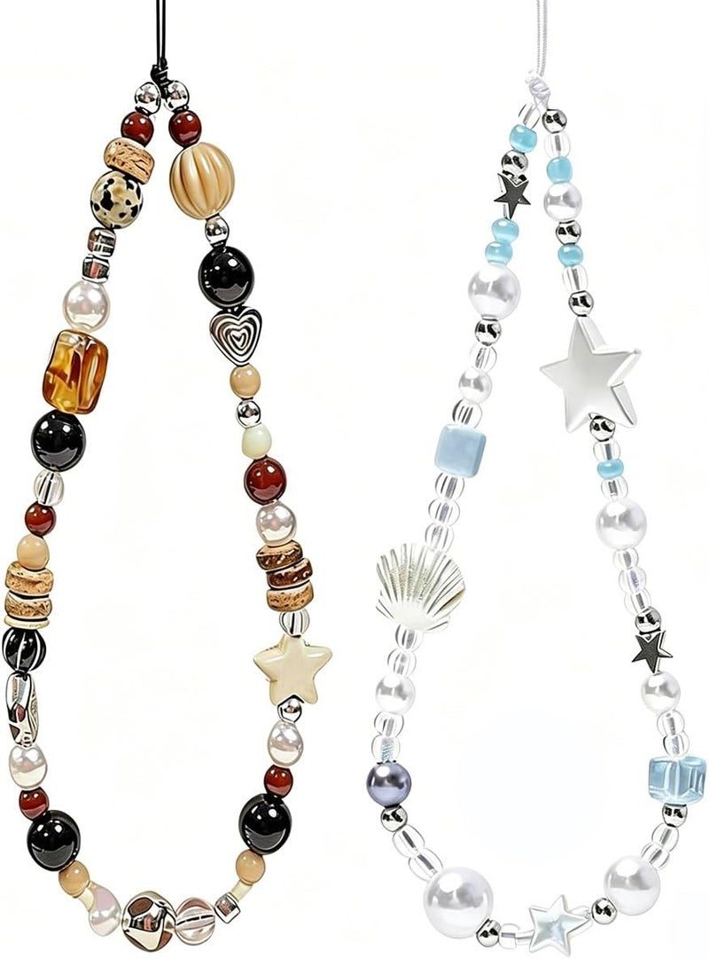 TERRIFI Phone Charm Strap, Beaded Phone Wrist Lanyard Cute Pearl Chain for Smartphone Case Keychain, Anti Drop Hand Strap Compatible with iPhone Samsung Phone Case for Women Girls Silver Black Star - Image 1