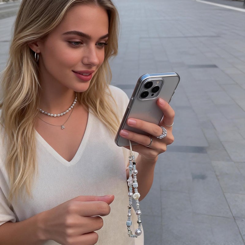 TERRIFI Phone Charm Strap, Beaded Phone Wrist Lanyard Cute Pearl Chain for Smartphone Case Keychain, Anti Drop Hand Strap Compatible with iPhone Samsung Phone Case for Women Girls Silver Black Star - Image 5