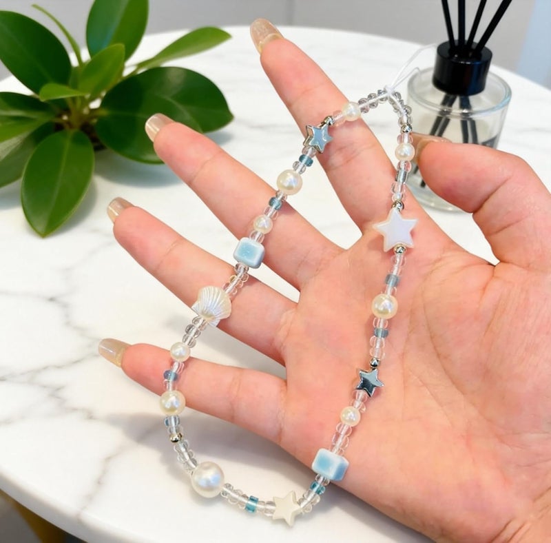 TERRIFI Phone Charm Strap, Beaded Phone Wrist Lanyard Cute Pearl Chain for Smartphone Case Keychain, Anti Drop Hand Strap Compatible with iPhone Samsung Phone Case for Women Girls Silver Black Star - Image 3
