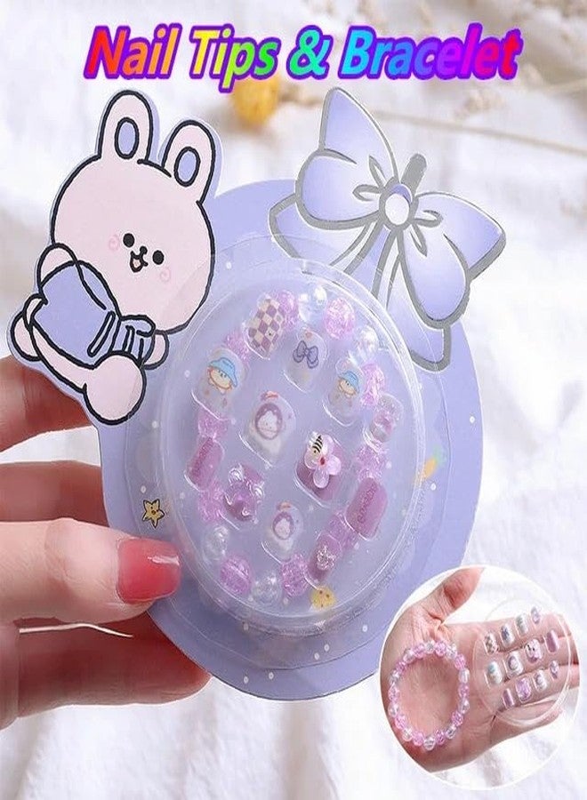 CherryBox Beautiful and Cute 3D Cartoon Press on Nails Set of 12 pieces Self Adhesive Nails with Bracelet for Kids (Purple) - Image 4