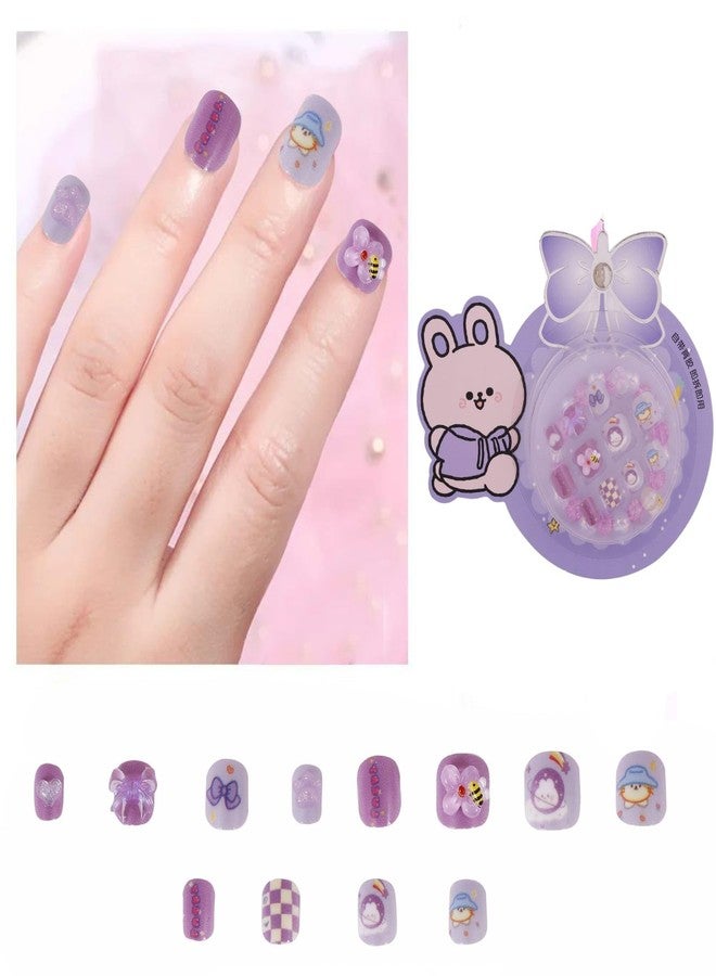 CherryBox Beautiful and Cute 3D Cartoon Press on Nails Set of 12 pieces Self Adhesive Nails with Bracelet for Kids (Purple) - Image 3