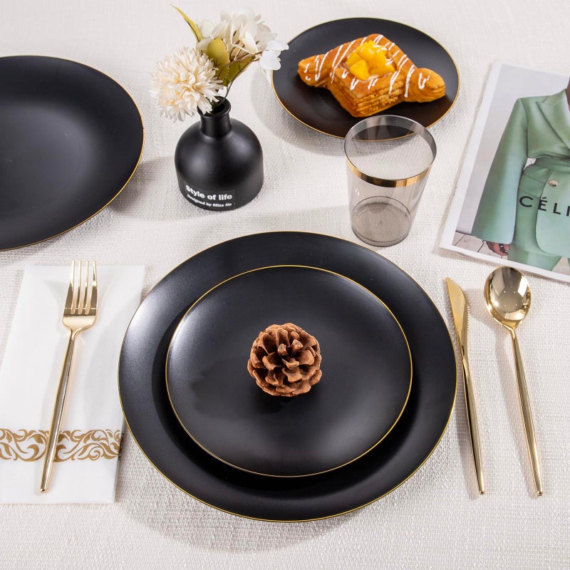 ejonirinjonir EI 350Pcs Black and Gold Matte Frosted Plastic Plates Disposable Heavy Duty,Dinnerware Set for Party Include 100 Disposable Plates,150 Silverware,50 Napkins,50 Cups for Party/Wedding/Events,Hotel - Image 2