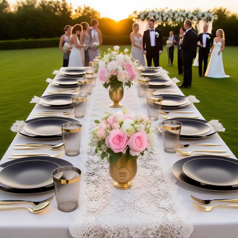 ejonirinjonir EI 350Pcs Black and Gold Matte Frosted Plastic Plates Disposable Heavy Duty,Dinnerware Set for Party Include 100 Disposable Plates,150 Silverware,50 Napkins,50 Cups for Party/Wedding/Events,Hotel - Image 3