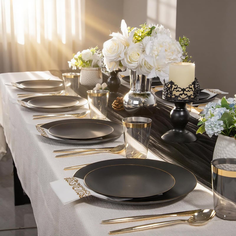 ejonirinjonir EI 350Pcs Black and Gold Matte Frosted Plastic Plates Disposable Heavy Duty,Dinnerware Set for Party Include 100 Disposable Plates,150 Silverware,50 Napkins,50 Cups for Party/Wedding/Events,Hotel - Image 5