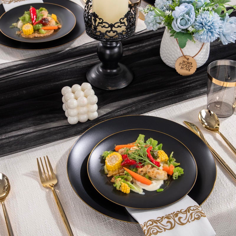 ejonirinjonir EI 350Pcs Black and Gold Matte Frosted Plastic Plates Disposable Heavy Duty,Dinnerware Set for Party Include 100 Disposable Plates,150 Silverware,50 Napkins,50 Cups for Party/Wedding/Events,Hotel - Image 4