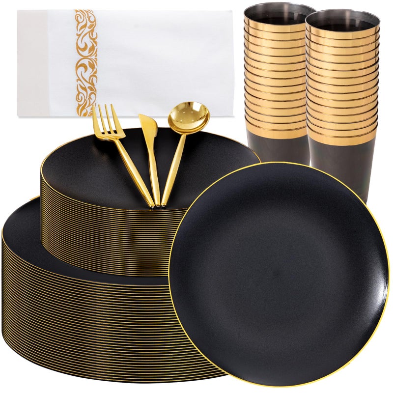 ejonirinjonir EI 350Pcs Black and Gold Matte Frosted Plastic Plates Disposable Heavy Duty,Dinnerware Set for Party Include 100 Disposable Plates,150 Silverware,50 Napkins,50 Cups for Party/Wedding/Events,Hotel - Image 1