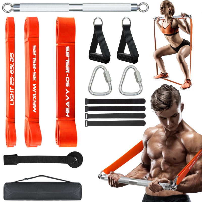 DASKING Compact 23 Inch 58cm Resistance Bar Set with 3 Stackable Bands 500LBS Heavy Duty Home Gym Kit Portable Full Body Workout Equipment