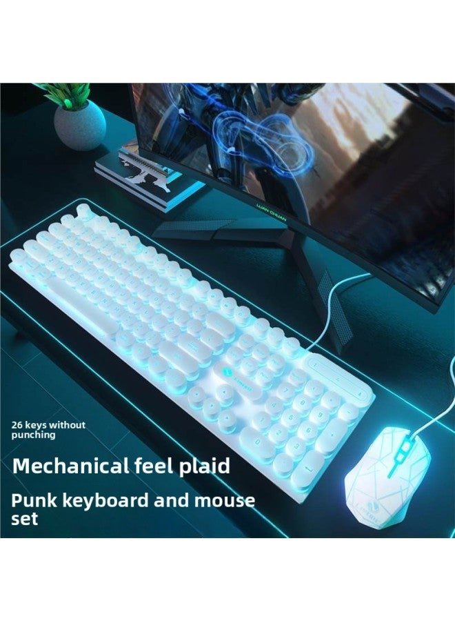 Mechanical Feel Keyboard Mouse Suit Wired E-sports Game Office Computer Notebook Desktop Steampunk Set-Color:Character White Ice Blue Light Punk Keyboard + 4d E-sports Mouse_official Standard_real Mechanical Feel